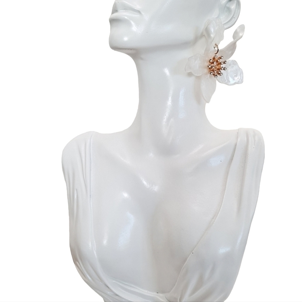 Gold White Flower Statement Earrings Oversized Rhinestone Bridal Formal Wedding - Picture 14 of 17